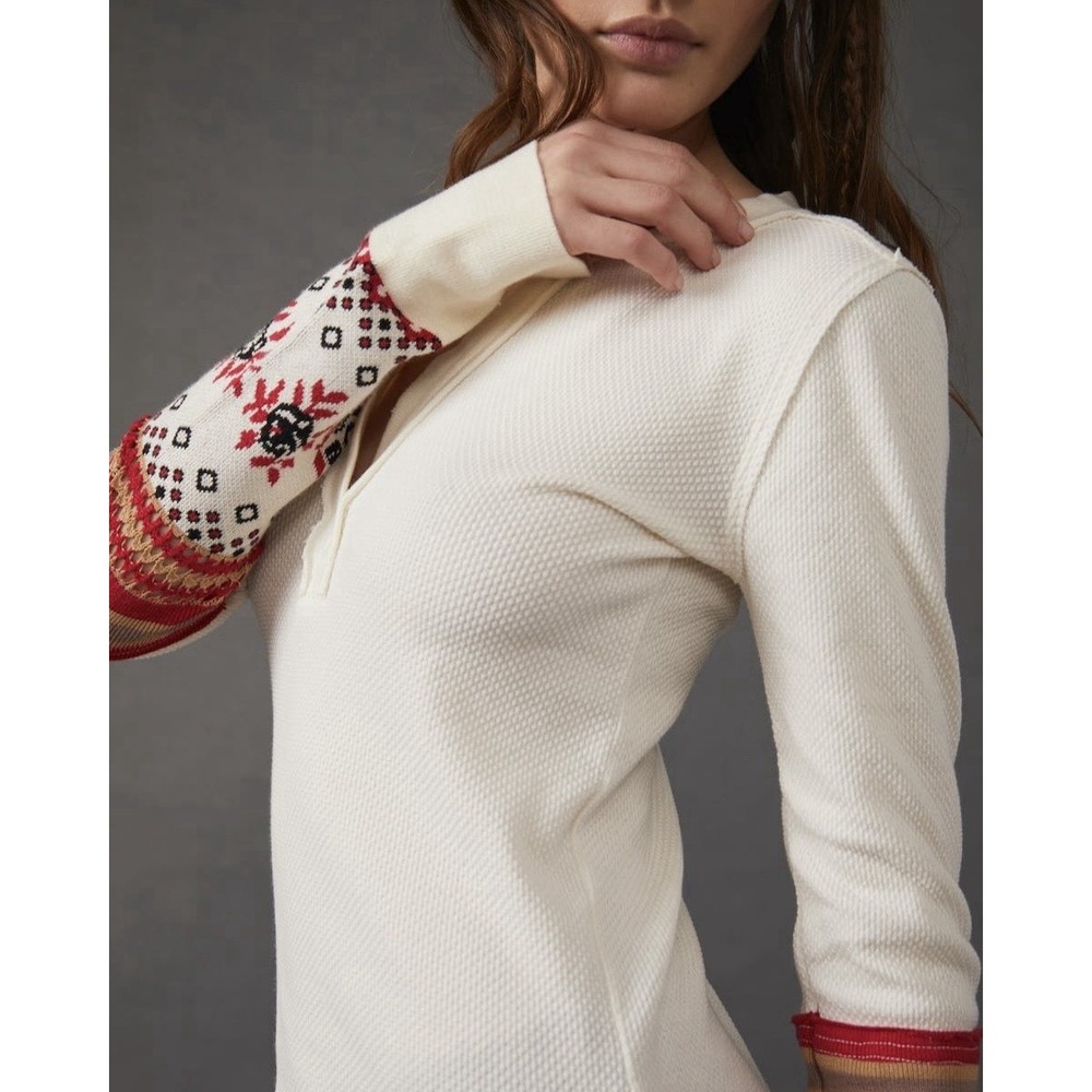 Free People Mikah Henley Thermal Cream Top Waffle Knit Boho Long Sleeve Size L - Picture 4 of 9